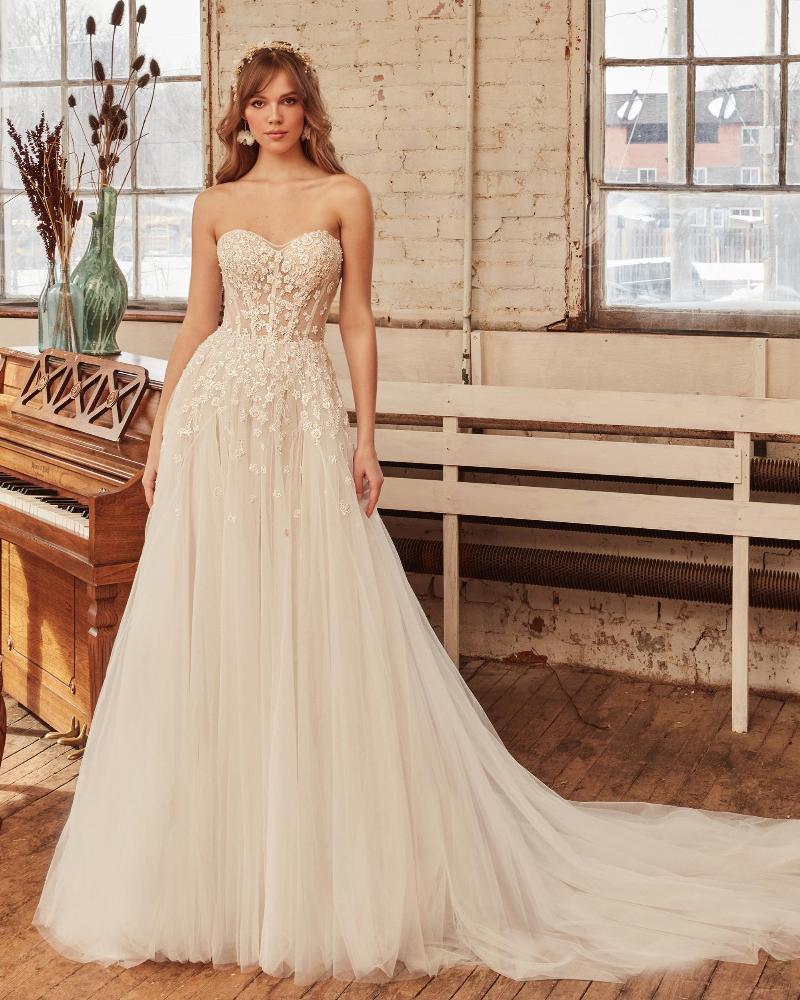 La21227 a line tulle wedding dress with cape sleeves or strapless neckline 3